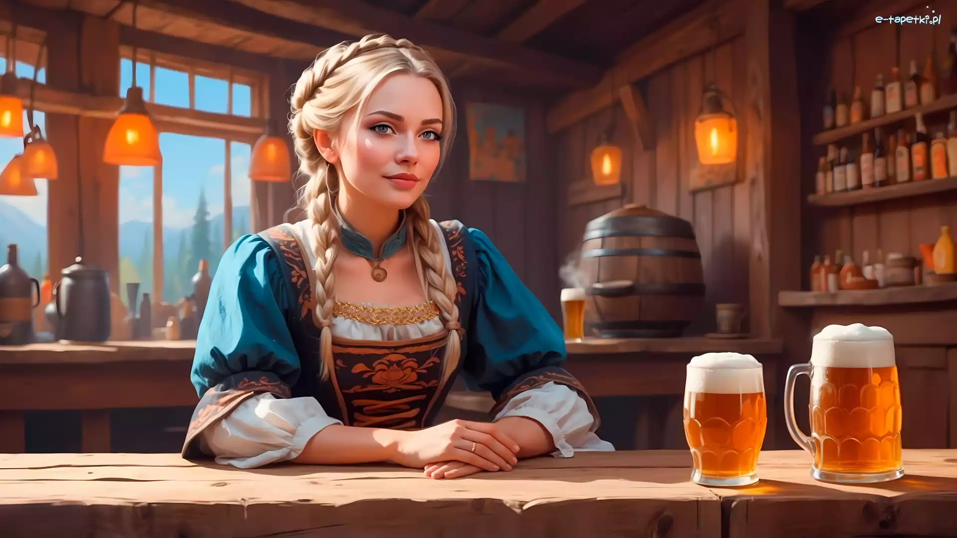 AI, Warkocze, Karczma, Blondynka, Kobieta, Kufle, Piwo