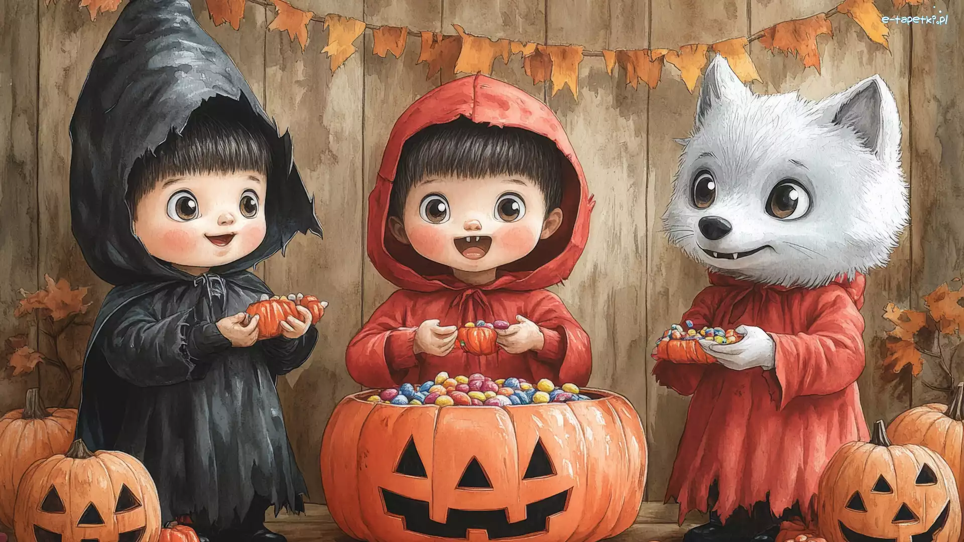 Halloween, Wilk, Dzieci, Cukierki, Dynie