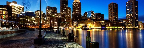 Oświetlone, Miasto, Wieżowce, Stany Zjednoczone, Boston