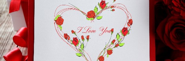 Kartka, Walentynki, Serce, Róże