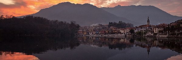 Mergozzo, Jezioro, Miasto, Włochy, Słońca, Zachód
