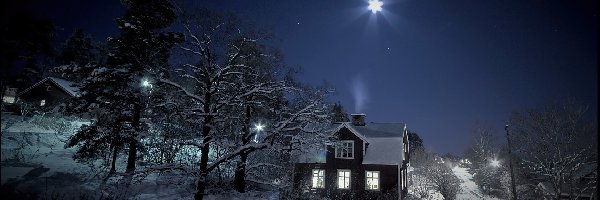 Drzewa, Gwiazda, Śnieg, Domek