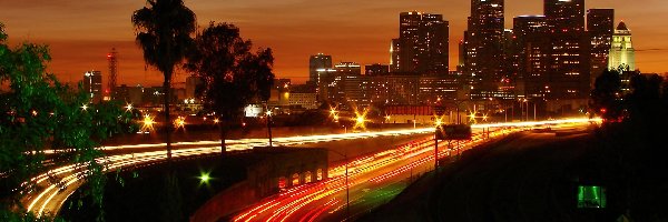 Drzewa, Miasta, Nocą, Panorama, Los Angeles, Komunikacyjne, Arterie