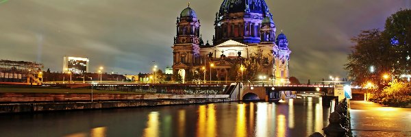 Nocą, Most, Katedra, Szprewa, Rzeka, Miasto, Berlin