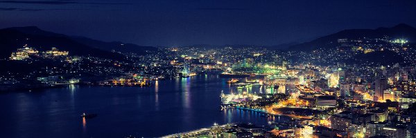 Miasto, Rzeka, Nocą, Nagasaki