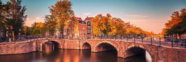 Amsterdam, Budynki, Drzewa, Jesień, Mosty, Rzeka