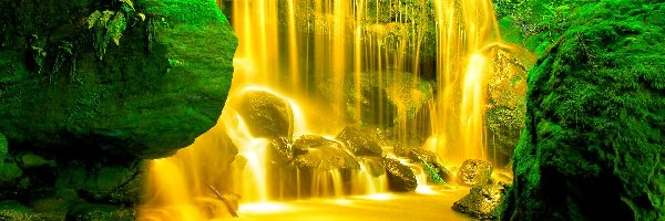 Wodospad, Skały, Zielone, Złoty