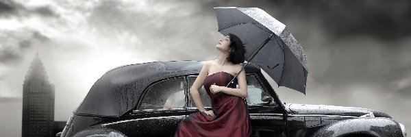 Klasyk, Parasol, Kobieta, Samochód