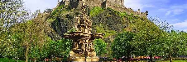 Edynburg, Wzgórze, Fontanna, Szkocja, Edinburgh Castle, Zamek w Edynburgu