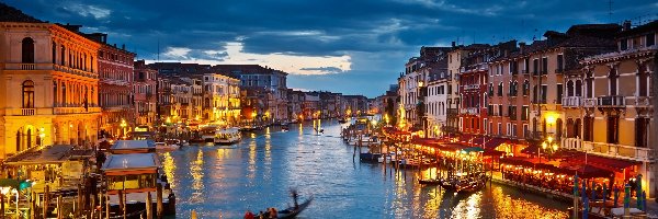 Gondola, Światła, Noc, Wenecja