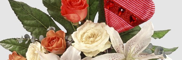 Bukiet, Róże, Kwiatów, Serce, Lilie