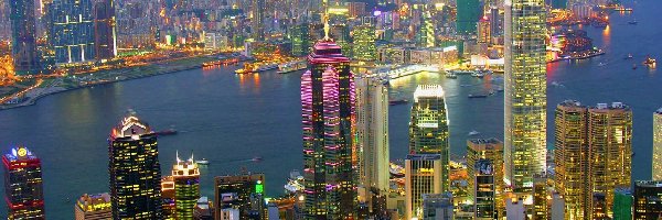 Wieżowce, Noc, Rzeka, Chiny, Hongkong