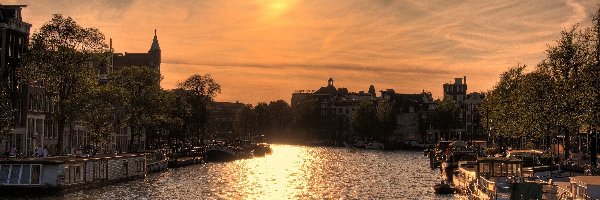 Amsterdam, Słońca, Zachód, Kamienice, Kanał