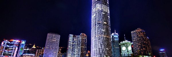 Noc, Miasta, Wieżowce, Niebo, Fragment, Hong Kong