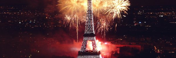Paryż, Fajerwerki, Noc, Wieża Eiffla