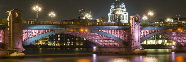 Nocą, Rzeka, Most, Miasto