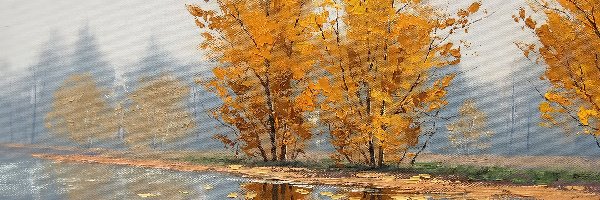 Jesień, Drzewa, Rzeka, Obraz, Farba