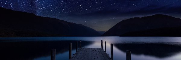 Jezioro, Góry, Pomost, Gwiazdy, Noc