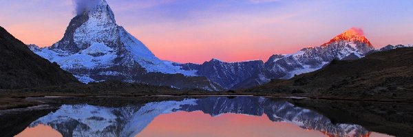 Jezioro, Zachód Słońca, Góry, Szwajcaria, Matterhorn