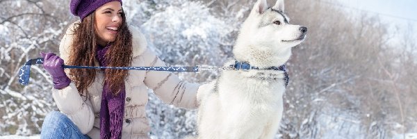 Brunetka, Śnieg, Zima, Siberian Husky