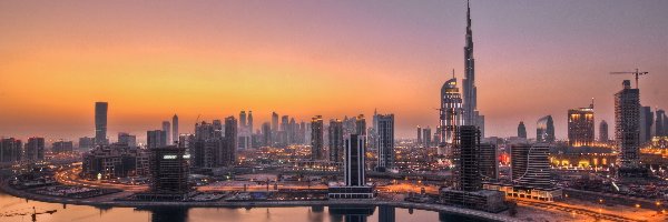 Słońca, Dubaj, Panorama, Chmur, Drapacze, Wschód, Miasta