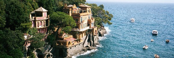 Włochy, Skały, Drzewa, Domy, Wybrzeże, Portofino, Łódki