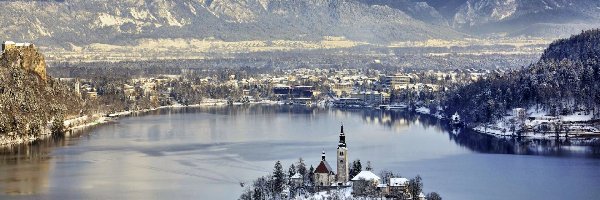 Góry, Kościół, Jezioro, Słowenia, Wyspa