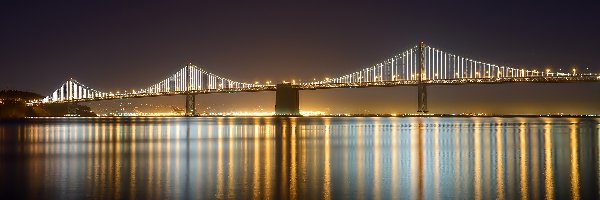 Noc, Wiszący, Most, Odbicie, Oświetlony, San Francisco
