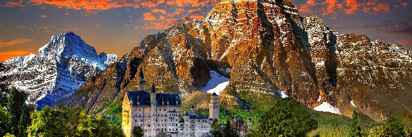 Lasy, Zamek Neuschwanstein, Skały, Drzewa Góry, Bawaria, Niemcy