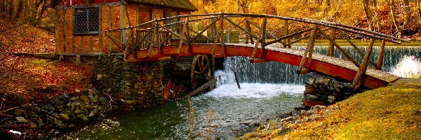 Wodospad, Jesień, Mostek, Rzeka