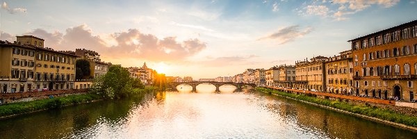 Włochy, Domy, Promienie, Most, Rzeka, Florencja, Słońca