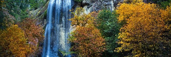 Jesień, Drzewa, Skały, Wodospad