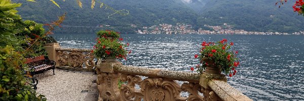 Kwiaty, Taras, Ławka, Góry, Włochy, Jezioro Como