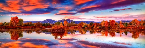 Jezioro, Drzewa, Chmury, Jesień, Odbicie