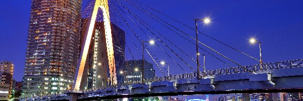 Wieżowce, Rzeka, Most, Zmrok, Japonia, Tokio