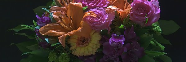 Bukiet, Róże, Kwiaty, Gerbera, Lilie