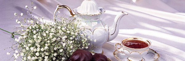 Porcelana, Kwiatki, Herbata, Ciasteczka, Czekoladowe