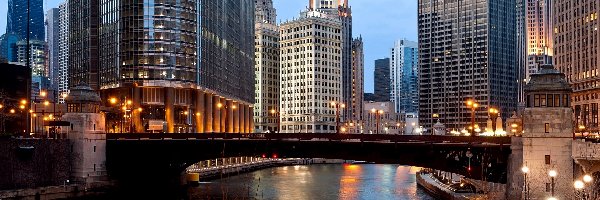 Wieżowce, Rzeka, Most, USA, Chicago