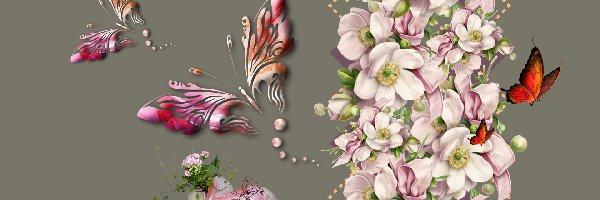 Serce, Kwiaty, Motyle, Grafika