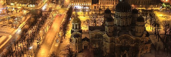 Katedra, Miasto, Nocą, Cerkwi, Ryga, Łotwa