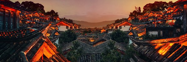 Oświetlone, Dachy, Domy, Chiny, Lijiang