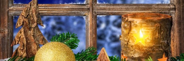 Boże Narodzenie, Gałązki, Śnieg, Ozdoby, Drewniane, Kompozycja, Okno