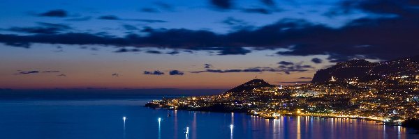 Funchal, Morze, Zatoka, Noc, Miasto