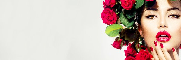 Kolczyk, Róże, Liście, Makijaż, Kwiaty, Kobieta