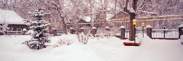 Śnieg, Drzewa, Domy, Zima
