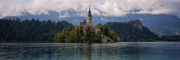 Słowenia, Woda, Wyspa, Drzewa, Kościół