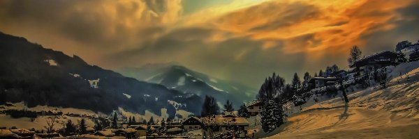 Miasteczko, Chmury, Góry, Austria, Zima