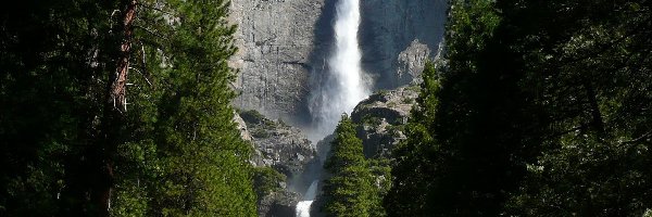Drzewa, Park Narodowy Yosemite, Wodospad, Stan Kalifornia, Stany Zjednoczone, Skały, Góry
