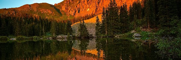 Kolorado, Lasy, Zachód Słońca, USA, Góry, Jezioro