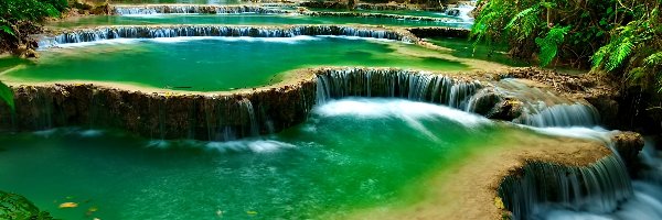 Kaskady, Prowincja Louangphrabang, Zieleń, Las, Wodospad Kuang Si, Naturalne baseny, Drzewa, Laos